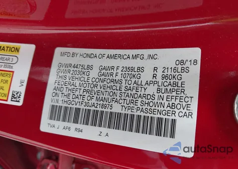 2018 Honda Accord Sport from USA, damaged, VIN 1HGCV1F30JA218975